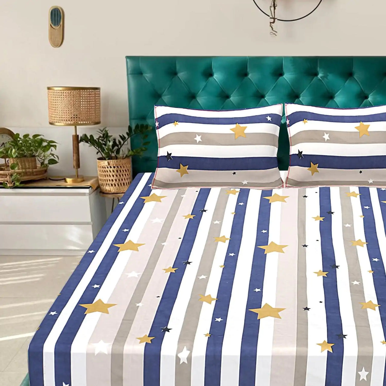 Starry Stripes King Size Double Bed Elastic Fitted Premium Bedsheet