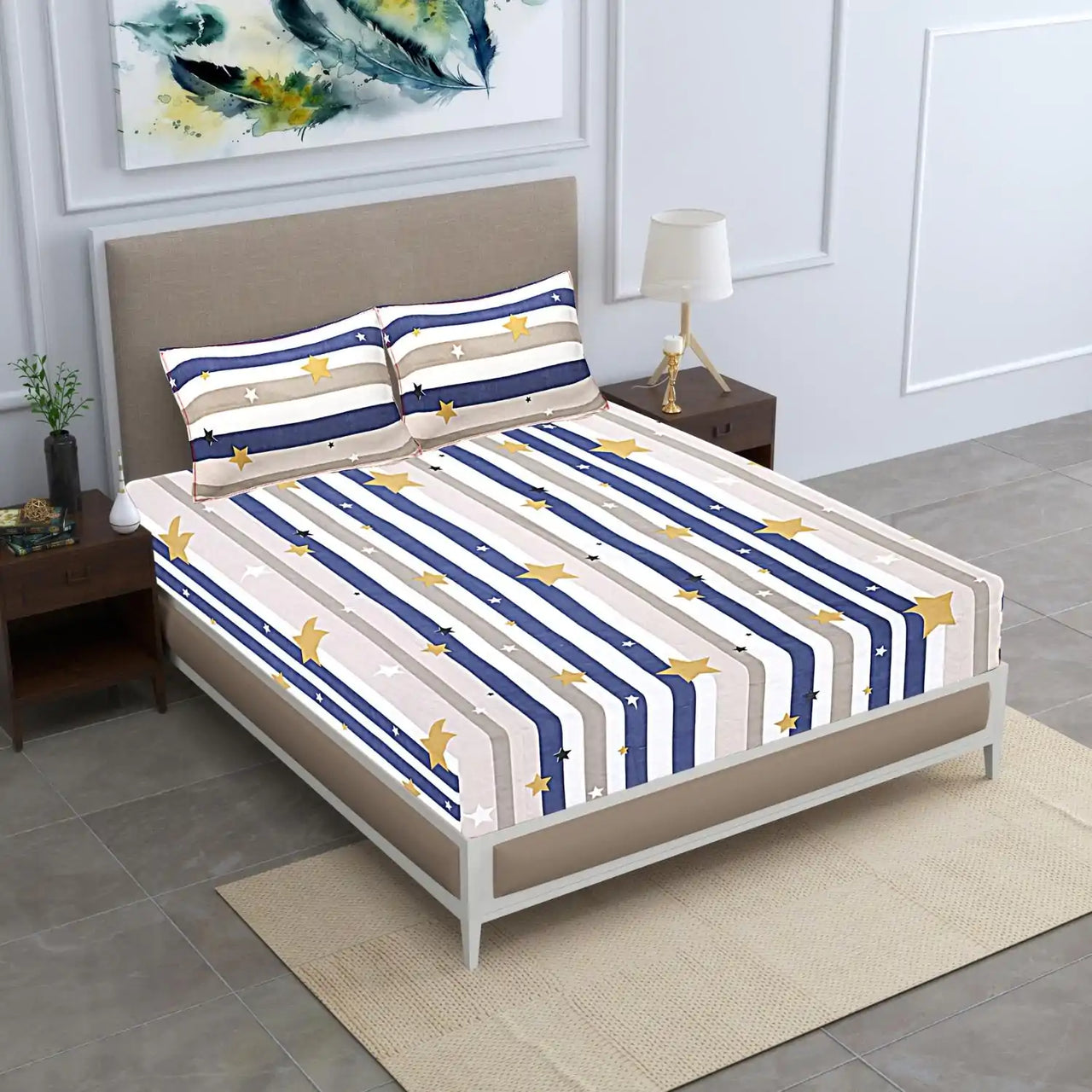 Starry Stripes King Size Double Bed Elastic Fitted Premium Bedsheet