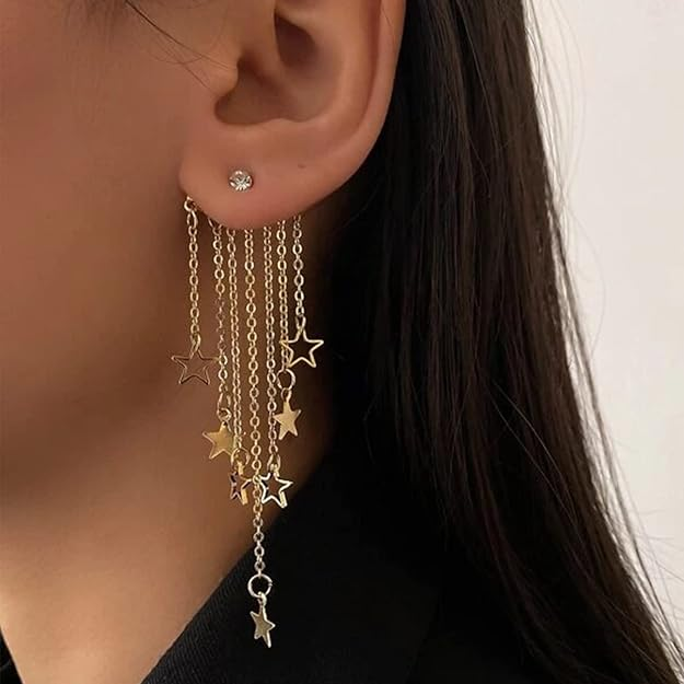 Celestial Dangle Star Earrings – Long Layered Chains with Gold Plated Star Charms