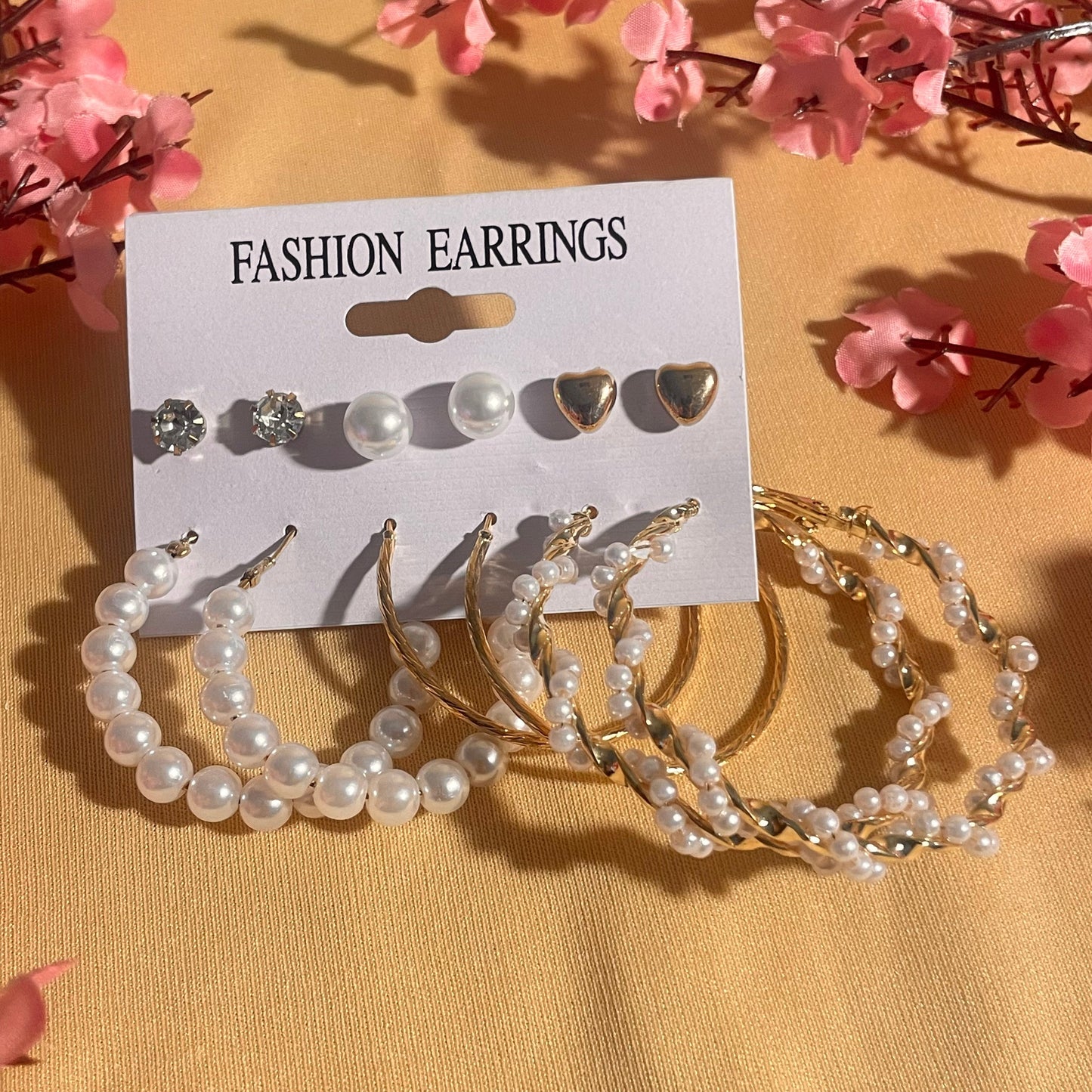 Pack Of 6 Trendy Golden Pearl Earrings Card