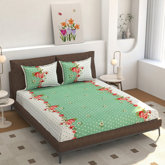 Floral Bliss Mint Green Elastic Fitted Bedsheet – 180 TC