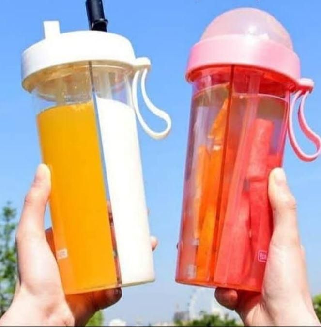 Bottle-Portable Dual Straw Separate Drink Water Beverage Bottle
