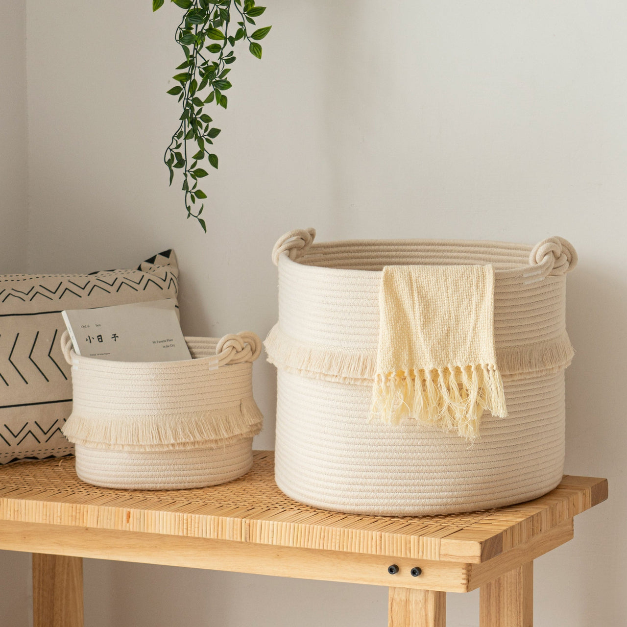 Large Woven Storage Baskets, Cute Tassel Nursery Decor, Off-White