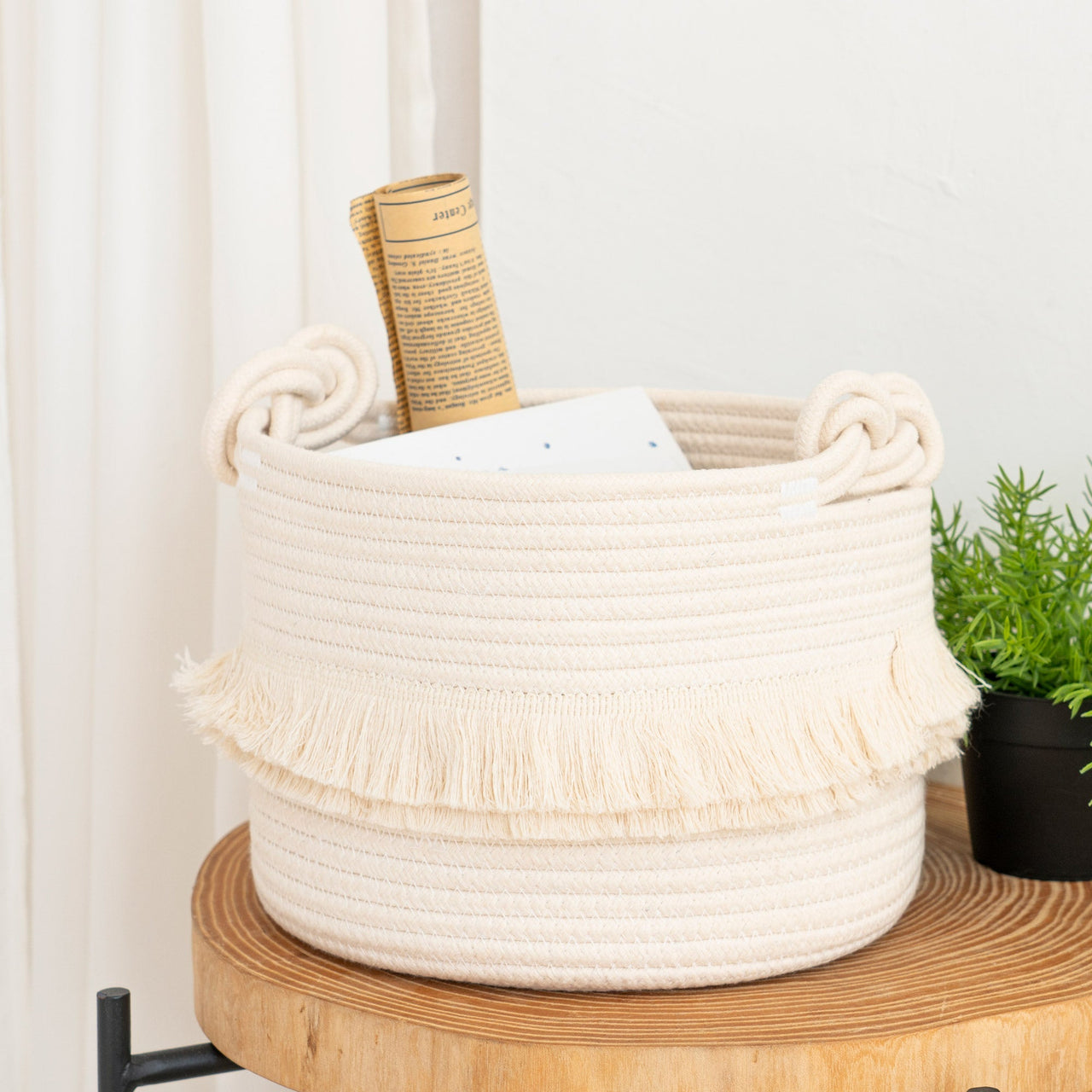 Small Woven Storage Baskets, Cute Tassel, Off-White