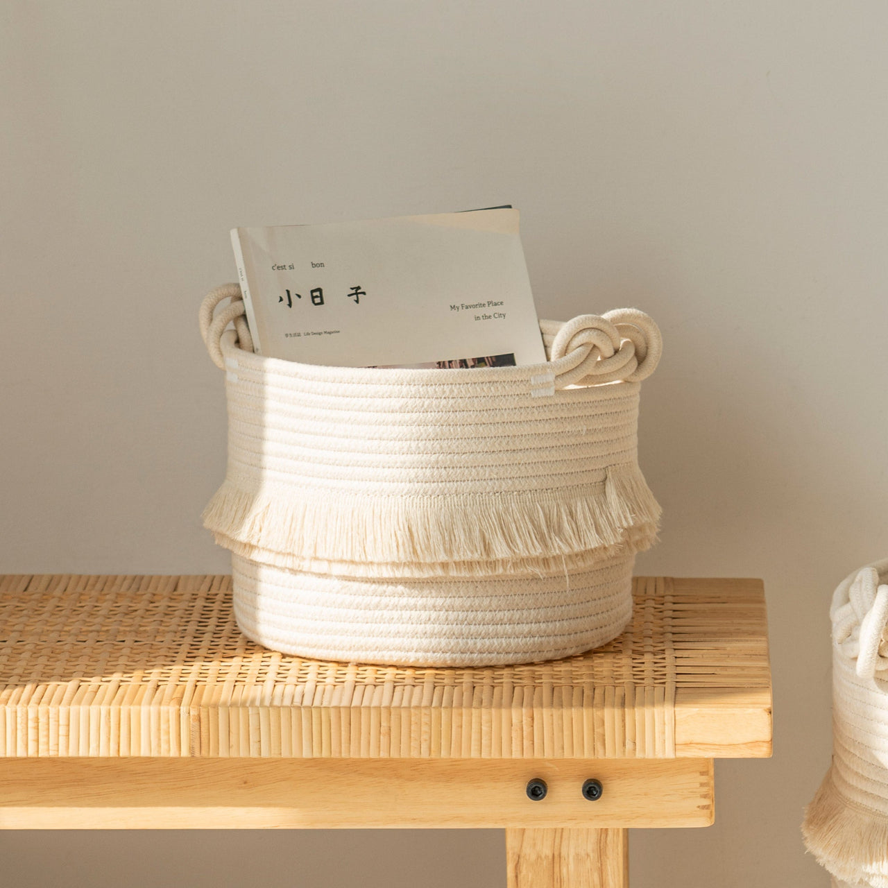 Small Woven Storage Baskets, Cute Tassel, Off-White