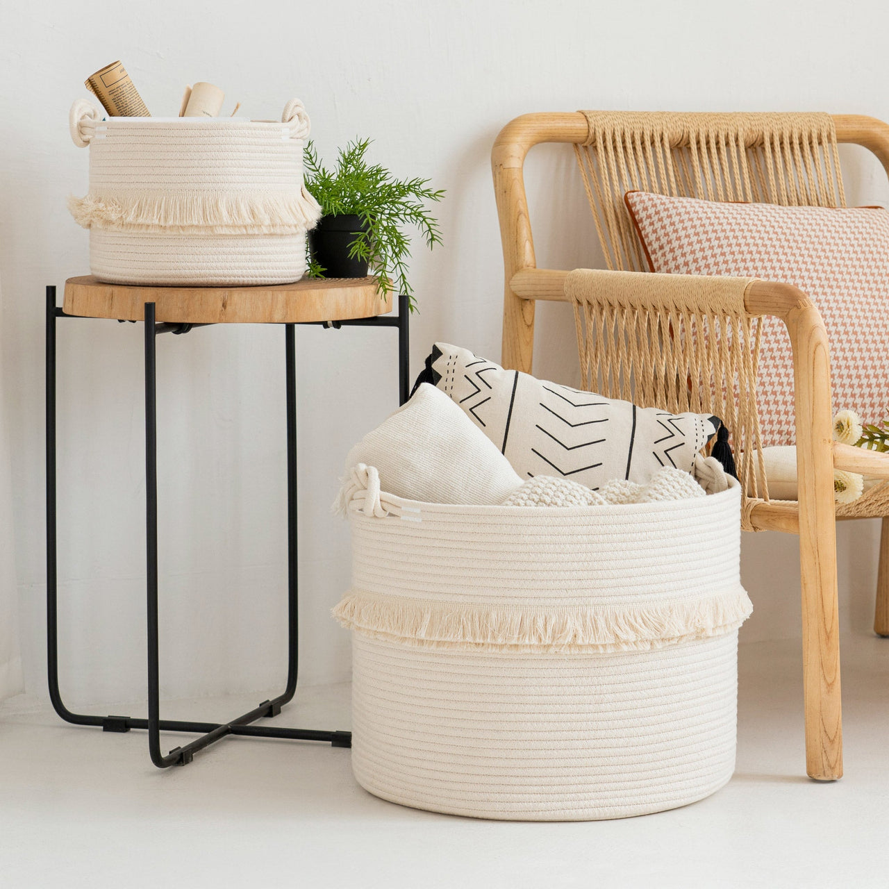 Large Woven Storage Baskets, Cute Tassel Nursery Decor, Off-White