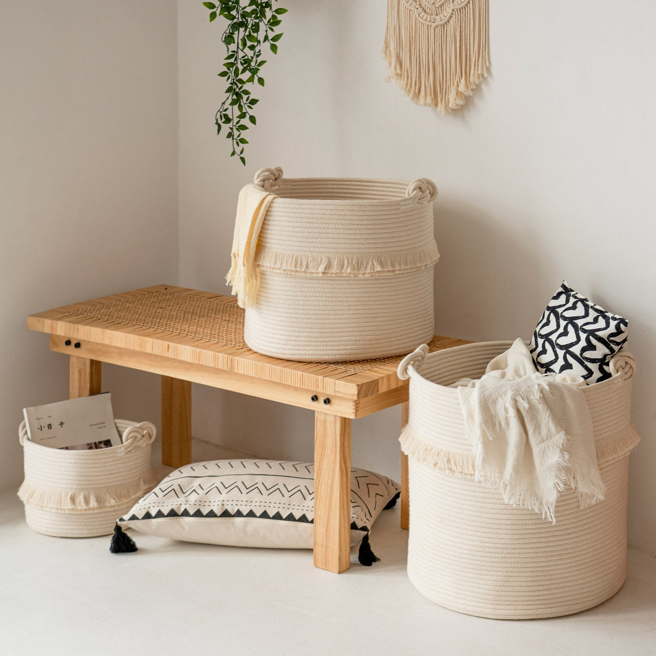 Small Woven Storage Baskets, Cute Tassel, Off-White