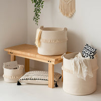 Thumbnail for Small Woven Storage Baskets, Cute Tassel, Off-White