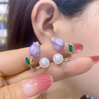 Thumbnail for Korean Lavender Tulip Pearl Flower Earrings