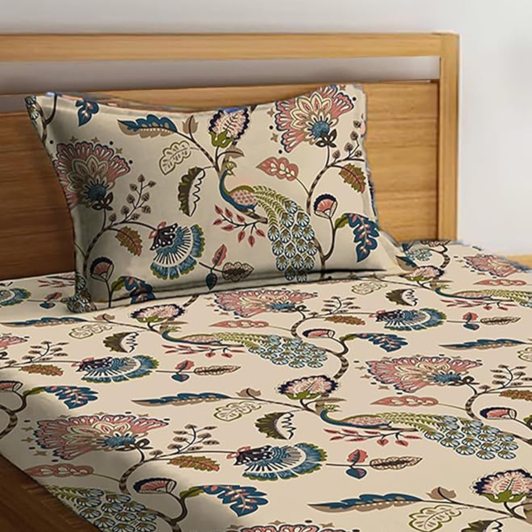 100% Cotton Mor Vatika Design Floral Printed King Size Bedhseet With Two Pillow Cover(100 X 108 In, Yellow)