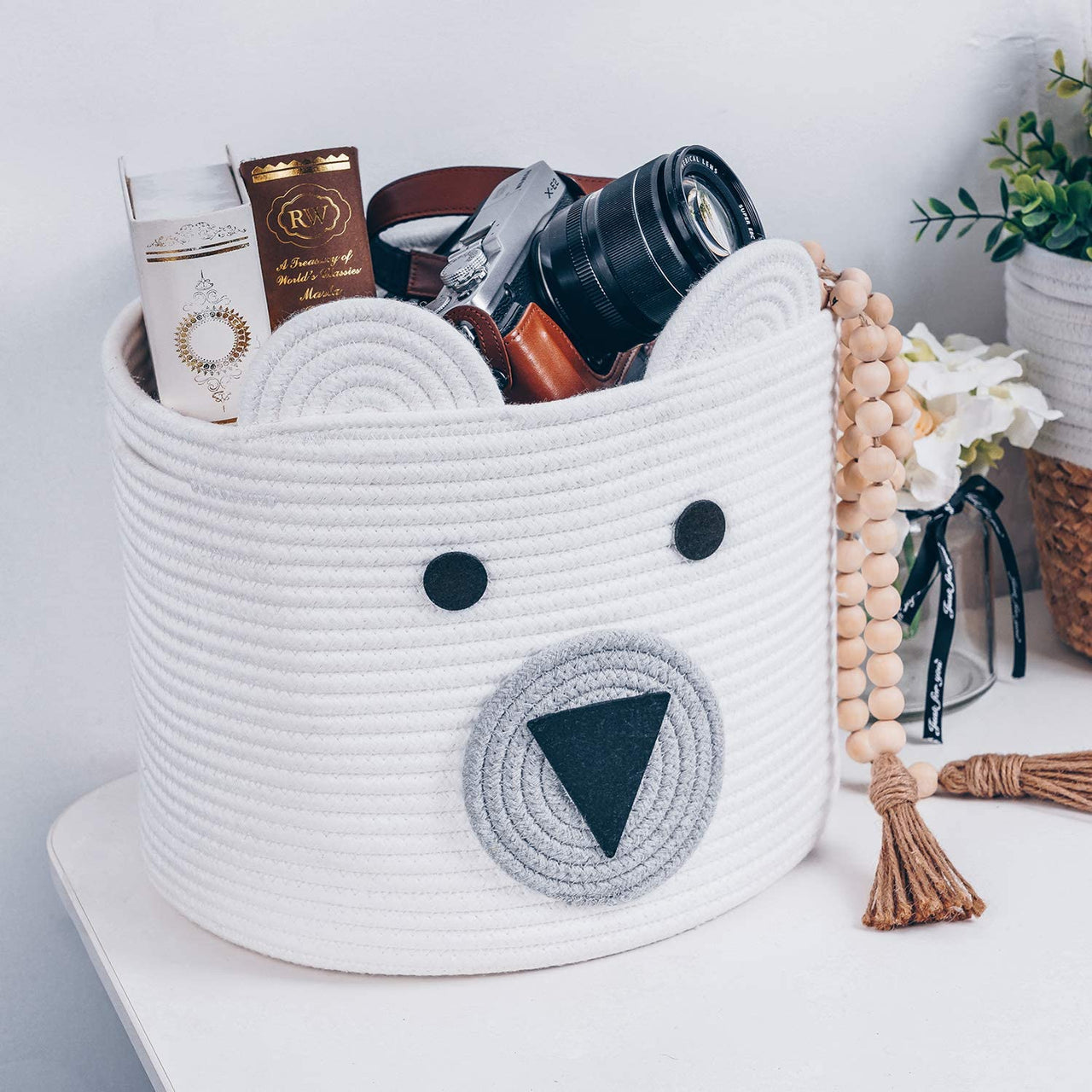 Small Bear Basket, Cotton Rope Basket, Toy Storage, White