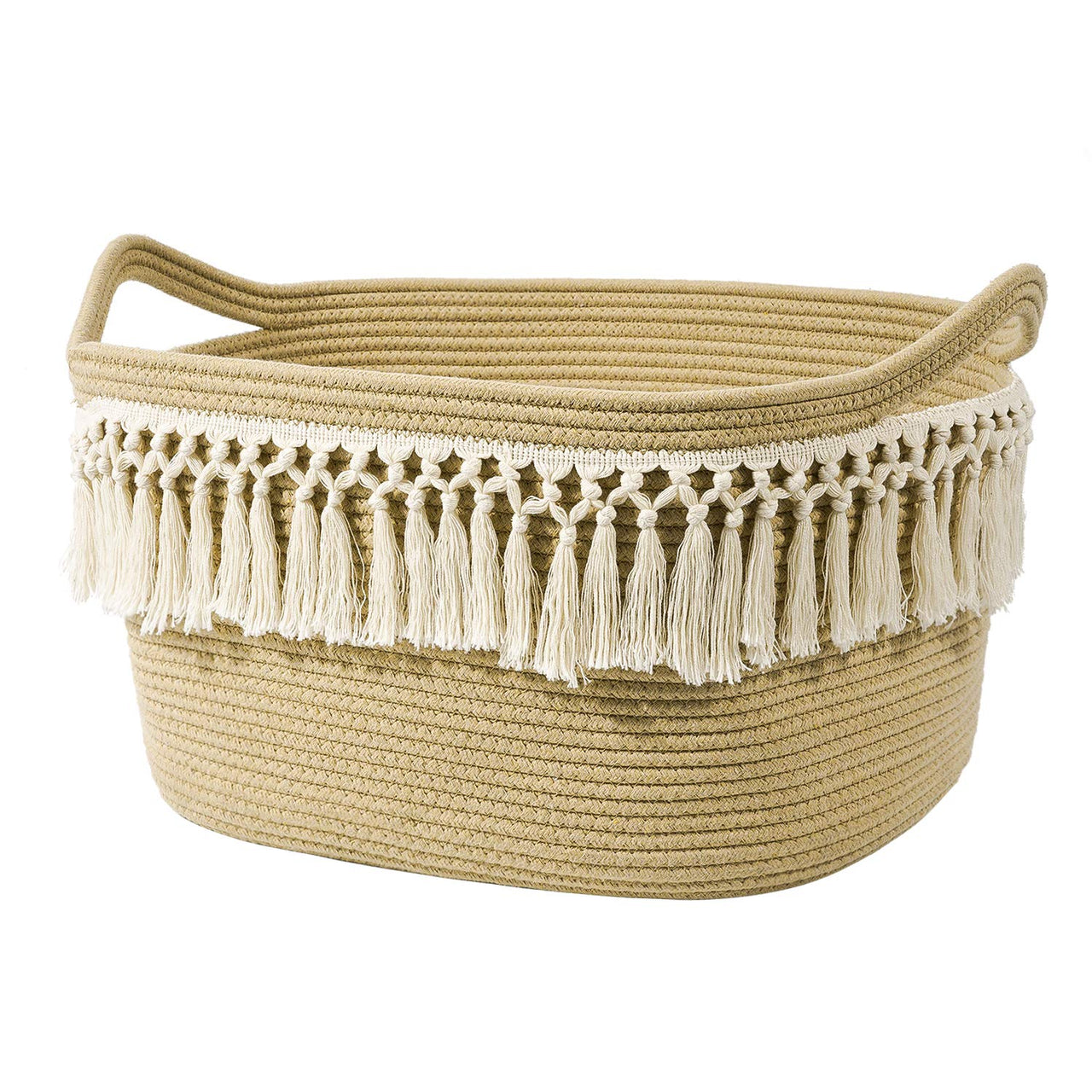 Rectangle Woven Basket Tassel Cotton Rope Storage Basket with Handles,17'' x13.8'' x10.5''