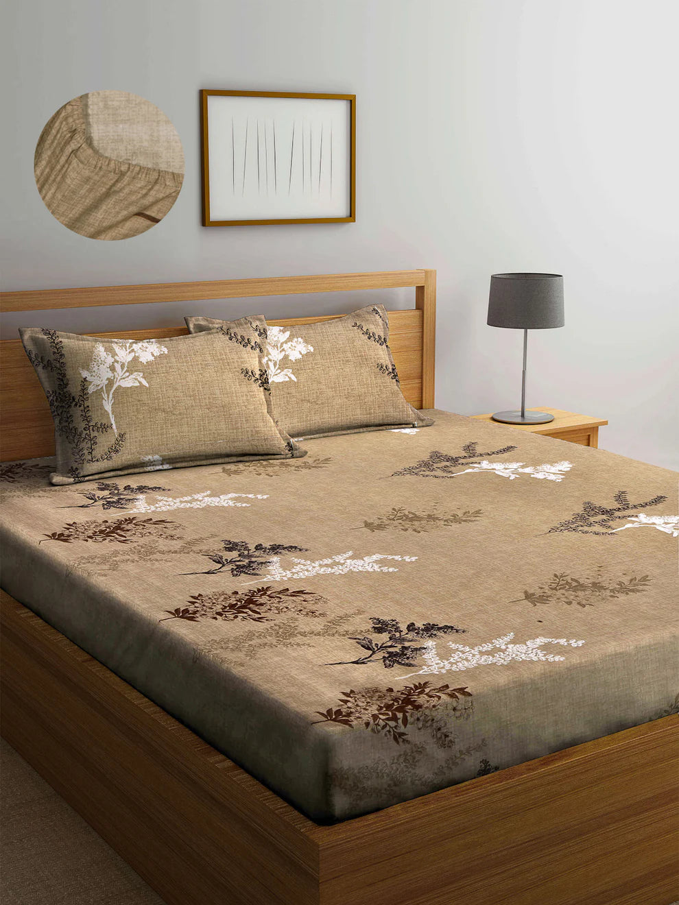 Brown Floral Cotton Blend King Size Fitted Bedsheet with 2 Pillow Covers