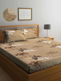 Thumbnail for Brown Floral Cotton Blend King Size Fitted Bedsheet with 2 Pillow Covers