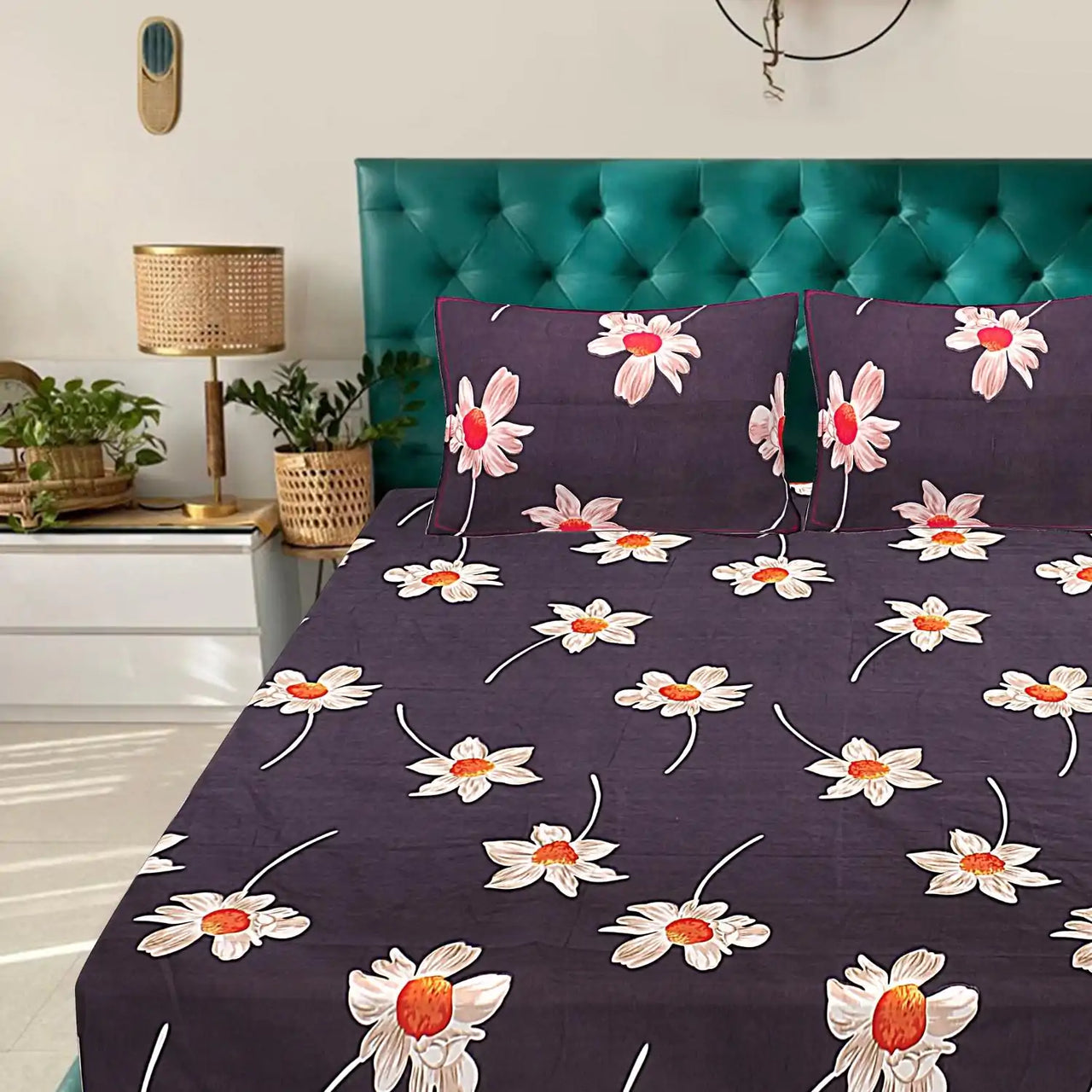 White Sunflower Elastic Fitted Double Bed Bedsheet