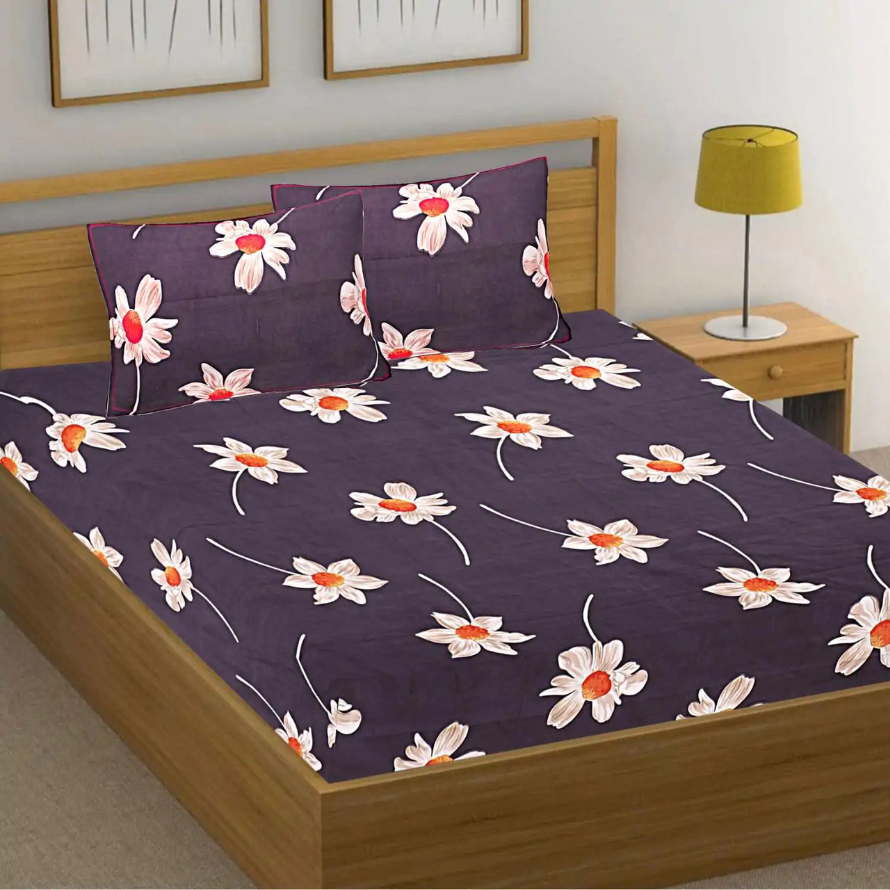 White Sunflower Elastic Fitted Double Bed Bedsheet