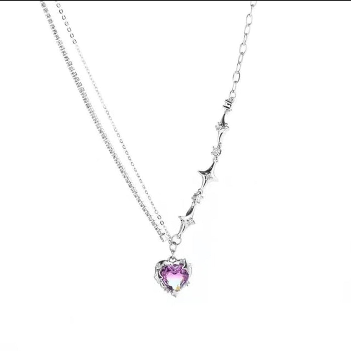 Gradient Purple Zircon Star Heart Pendant Necklace