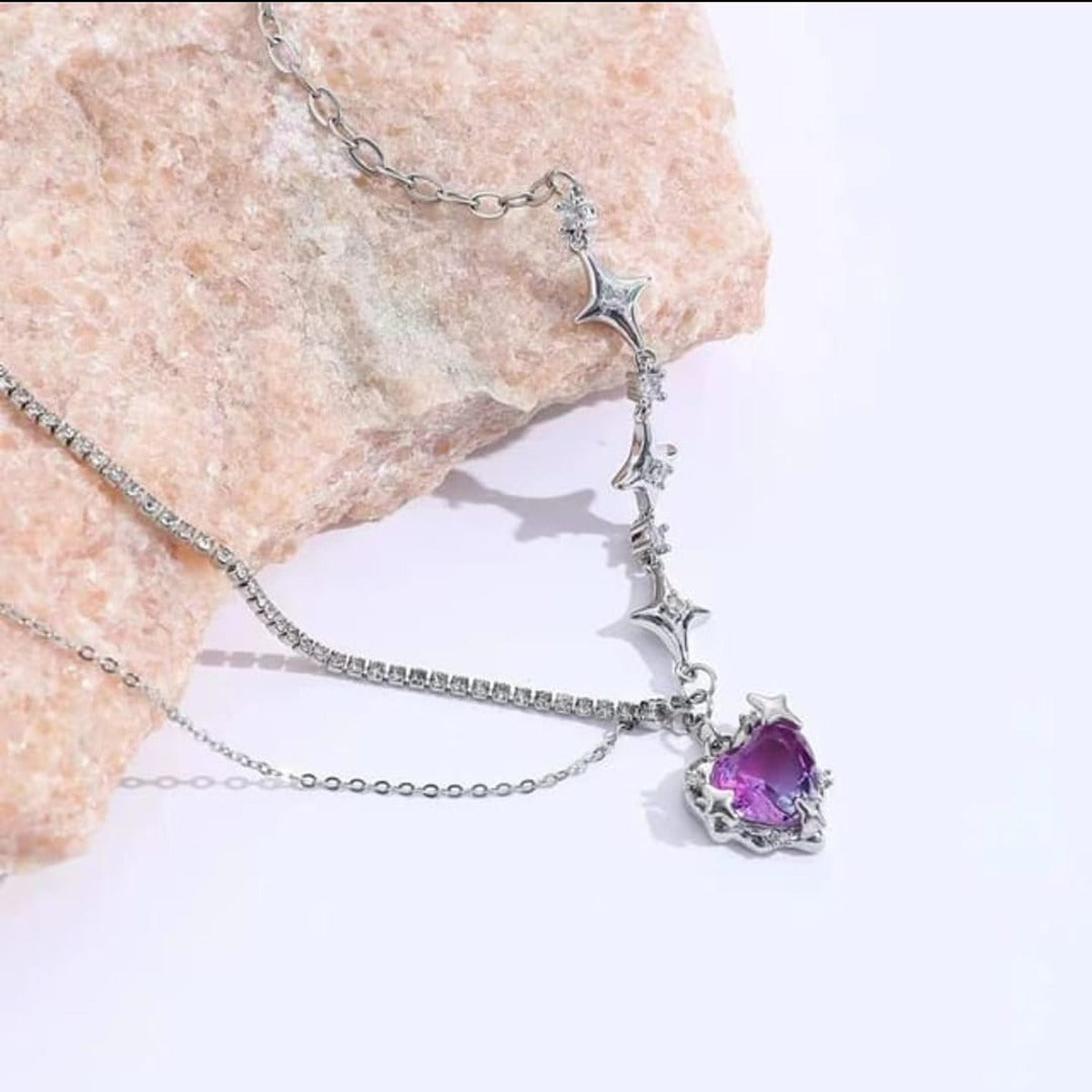 Gradient Purple Zircon Star Heart Pendant Necklace