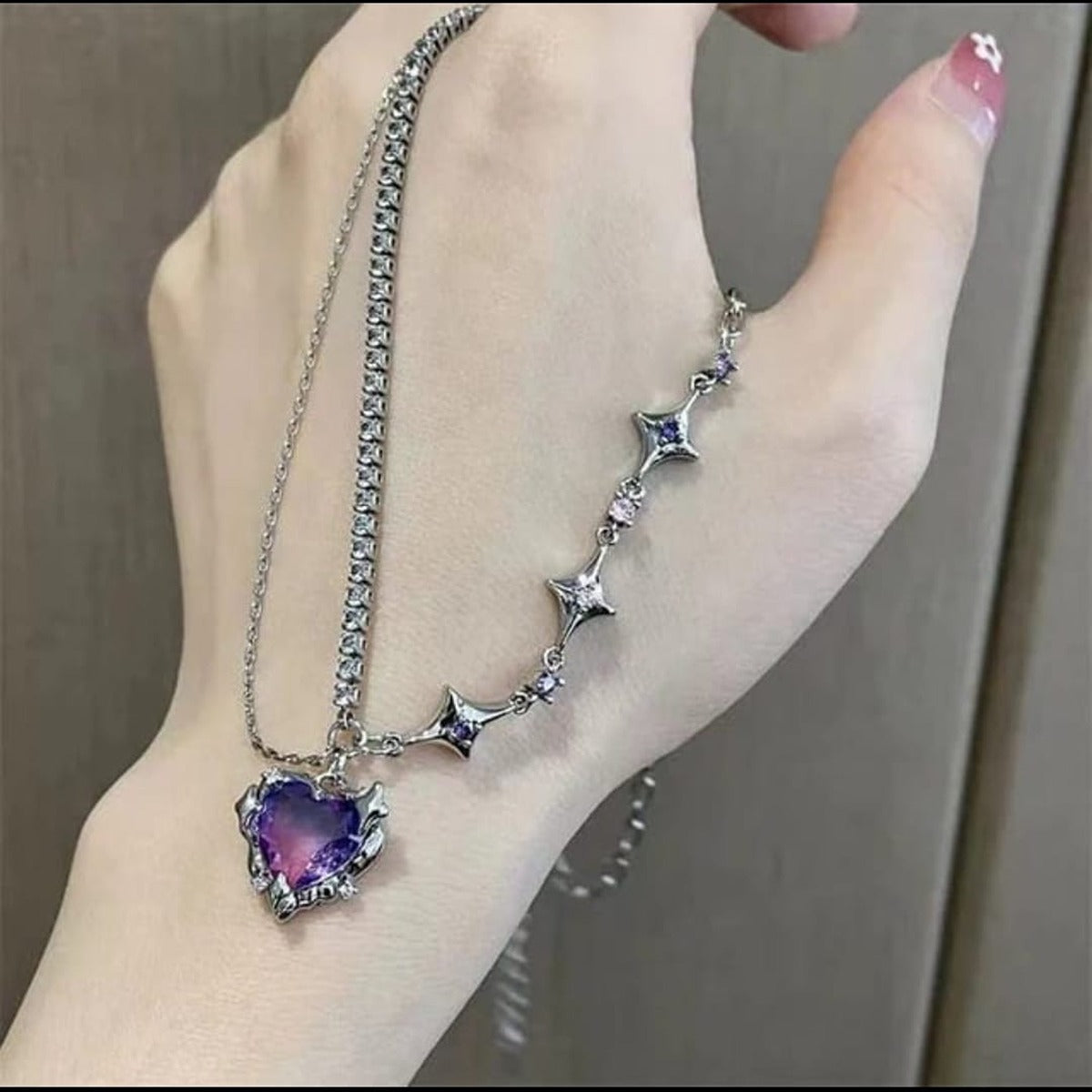 Gradient Purple Zircon Star Heart Pendant Necklace