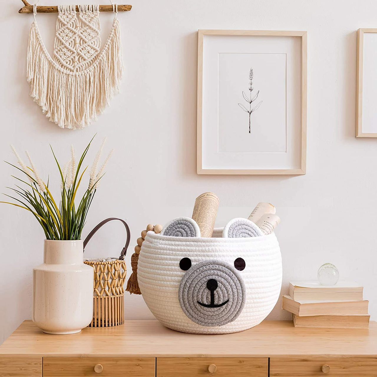 Cute Bear Round Basket - Cotton Rope Baskets in Living Room, White