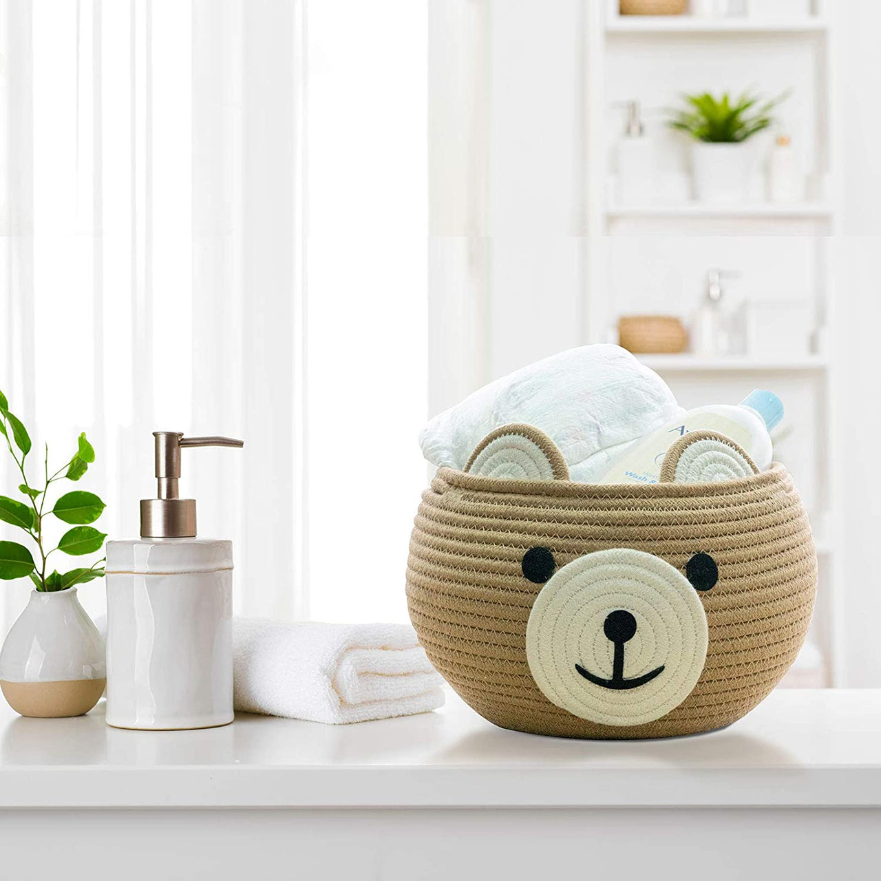 Cute Bear Round Basket - Cotton Rope Baskets in Living Room, Brown