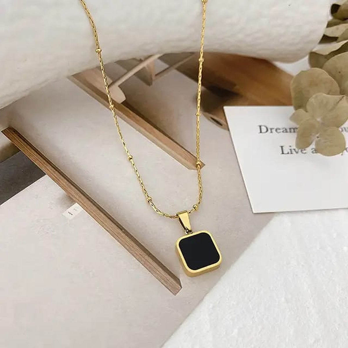 Gold-Plated Square Pendant with Chain