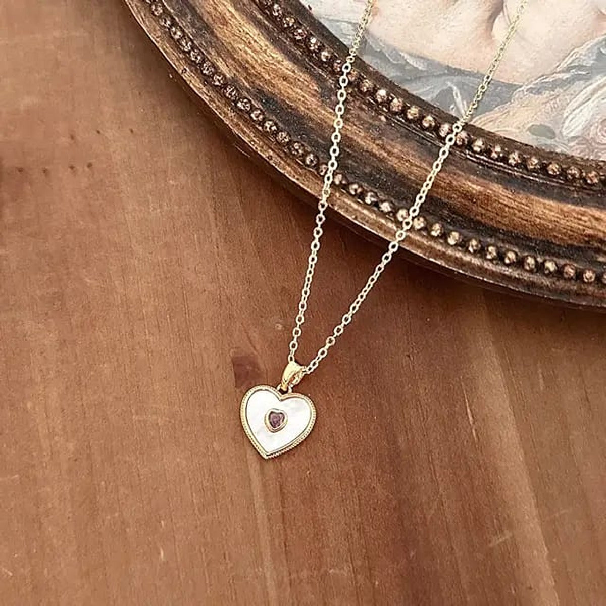 Natural Mother of pearl heart necklace, Pink Tourmaline heart, gold heart charm necklace