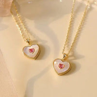 Thumbnail for Natural Mother of pearl heart necklace, Pink Tourmaline heart, gold heart charm necklace