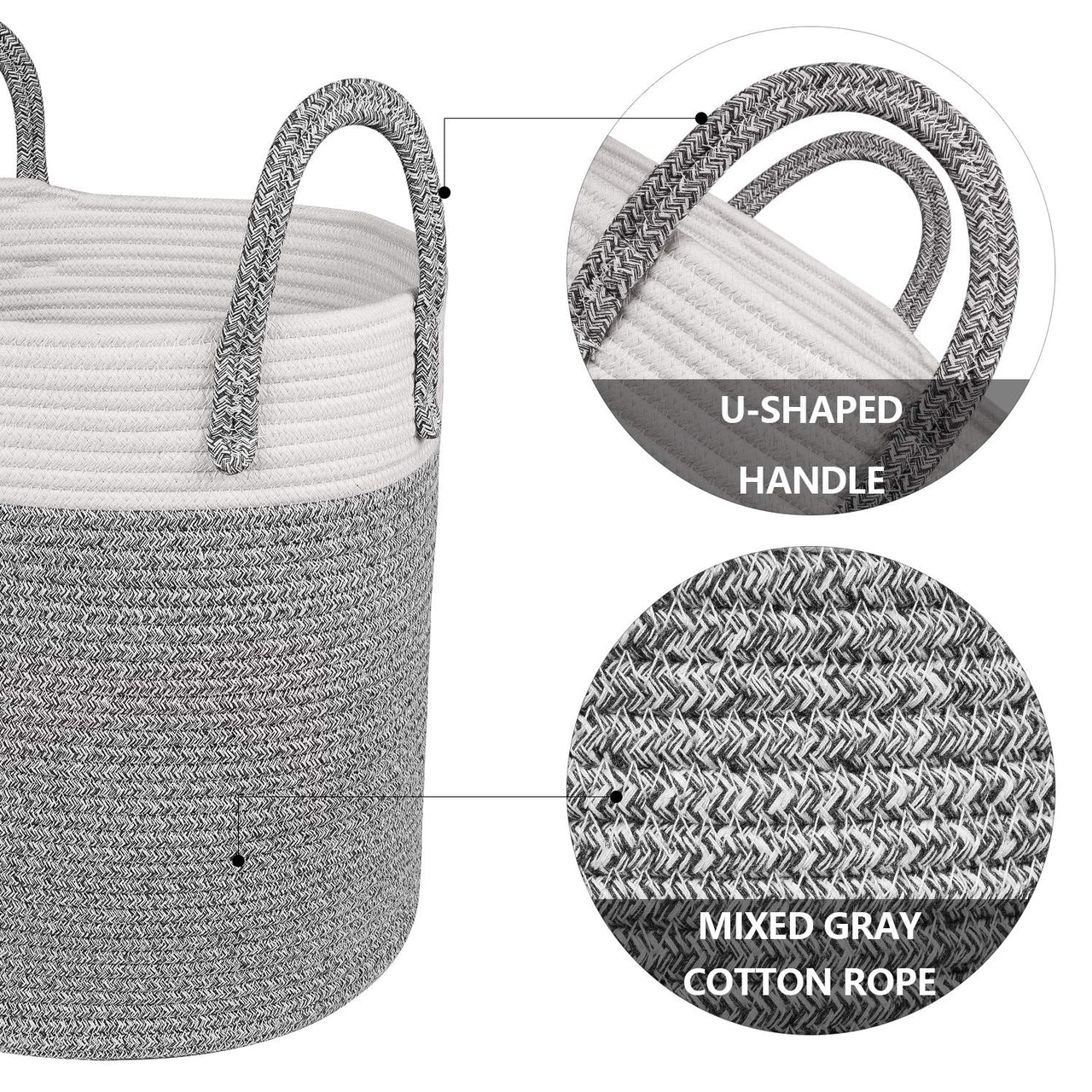 Medium Cotton Rope Basket, Decorative Woven Basket for Laundry, Gray