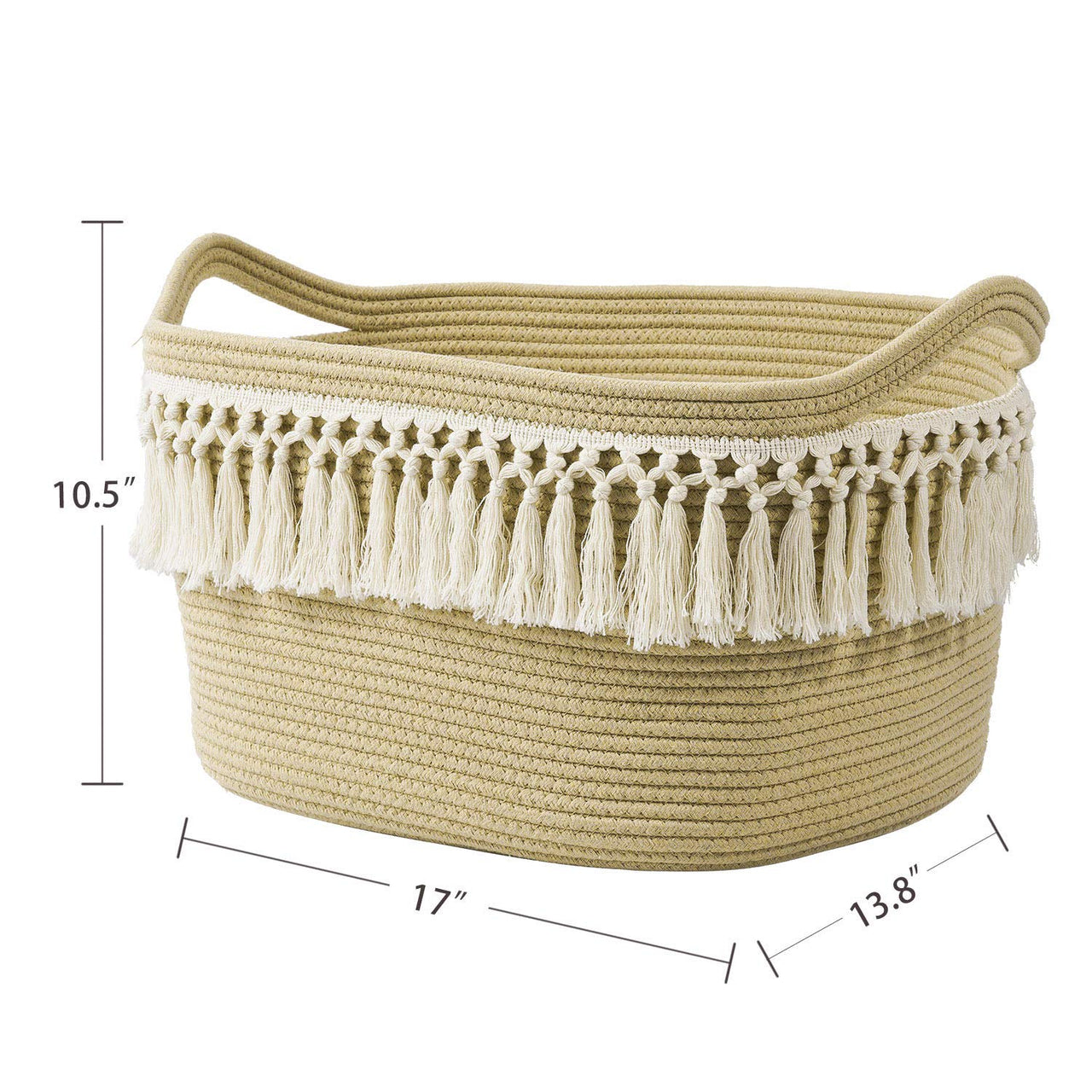 Rectangle Woven Basket Tassel Cotton Rope Storage Basket with Handles,17'' x13.8'' x10.5''