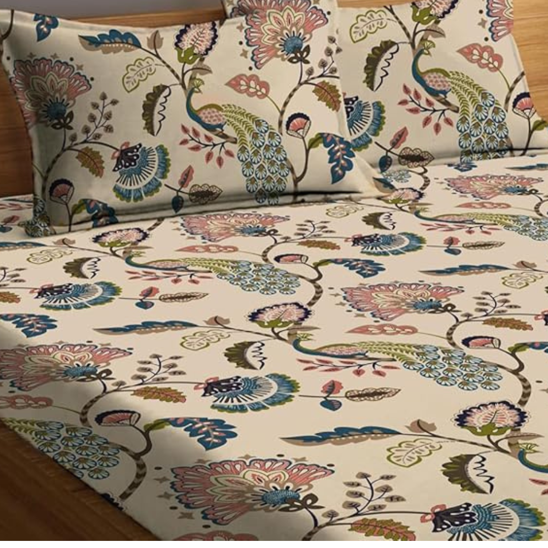 100% Cotton Mor Vatika Design Floral Printed King Size Bedhseet With Two Pillow Cover(100 X 108 In, Yellow)