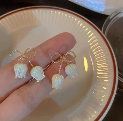 Korean Bow White Tulip Sweet Flower Earrings & Studs For Women And Girls