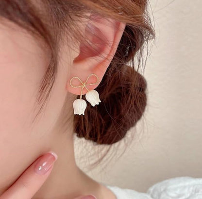 Korean Bow White Tulip Sweet Flower Earrings & Studs For Women And Girls