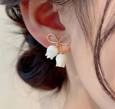 Korean Bow White Tulip Sweet Flower Earrings & Studs For Women And Girls