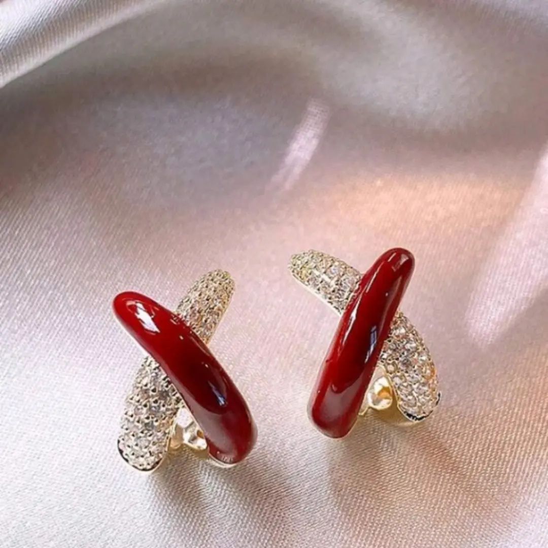 Red Cross Shaped Diamond Inlaid Silver Needle Stud Earrings