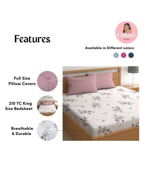 white & pink Floral Printed Cotton King Bedsheet With 2 Pillow Covers