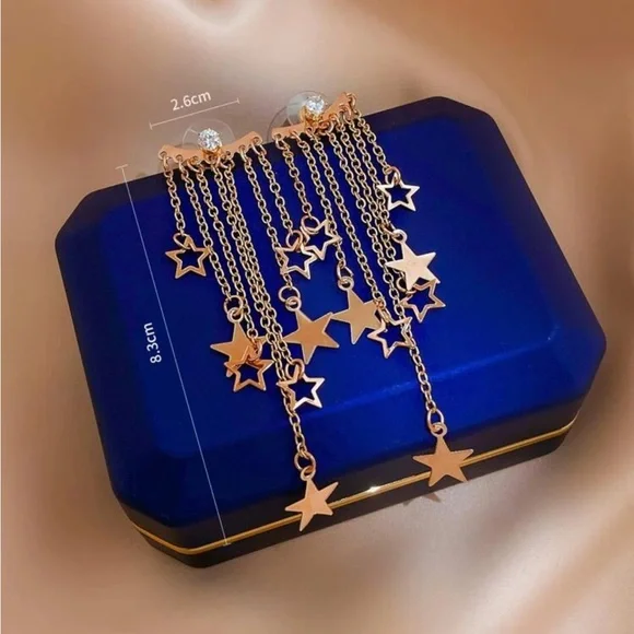 Celestial Dangle Star Earrings – Long Layered Chains with Gold Plated Star Charms