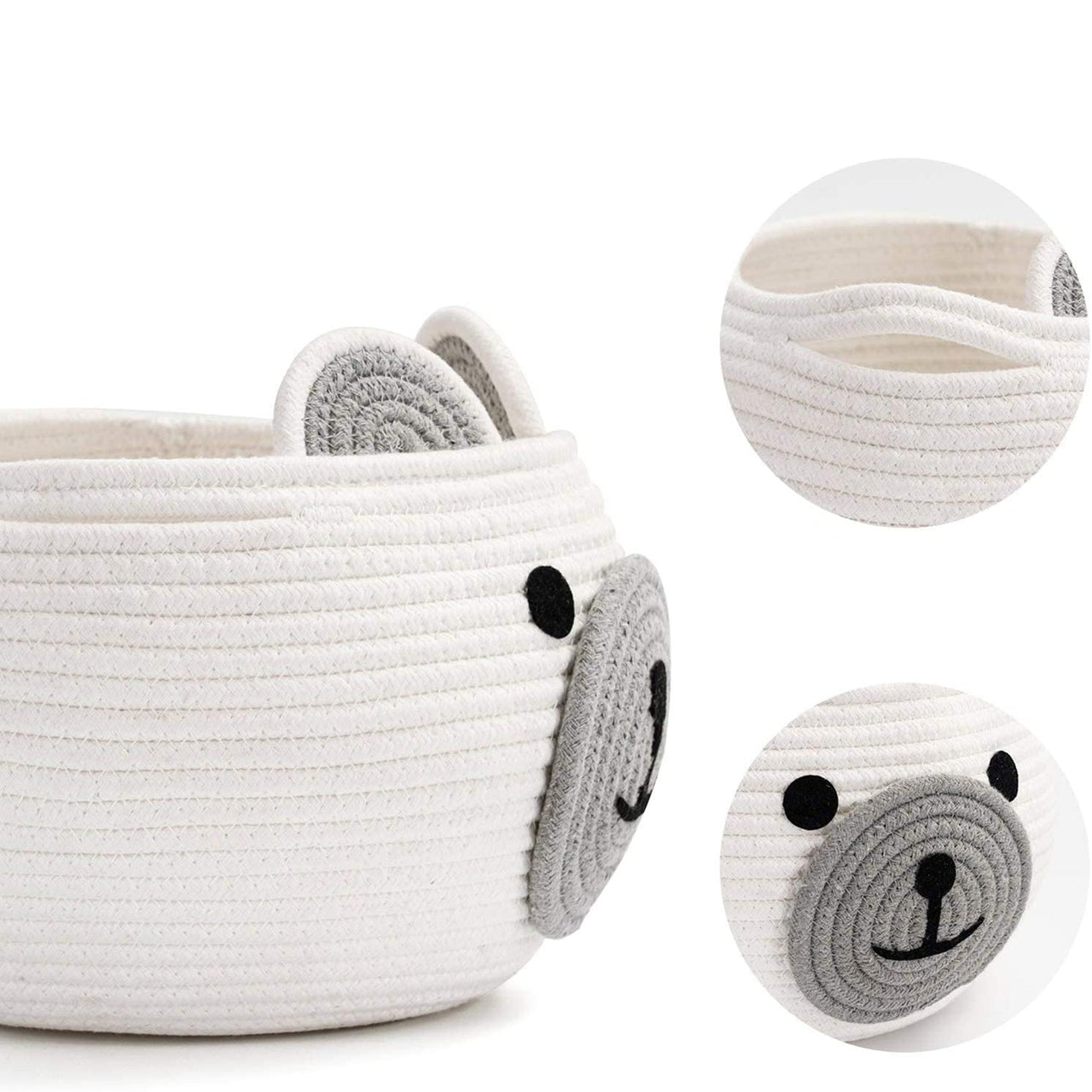 Cute Bear Round Basket - Cotton Rope Baskets in Living Room, White