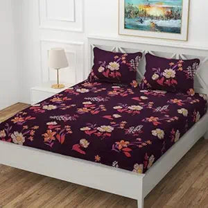 Flower-Purple Elastic Fitted Double Cotton bedsheet with 2 Pillow Covers