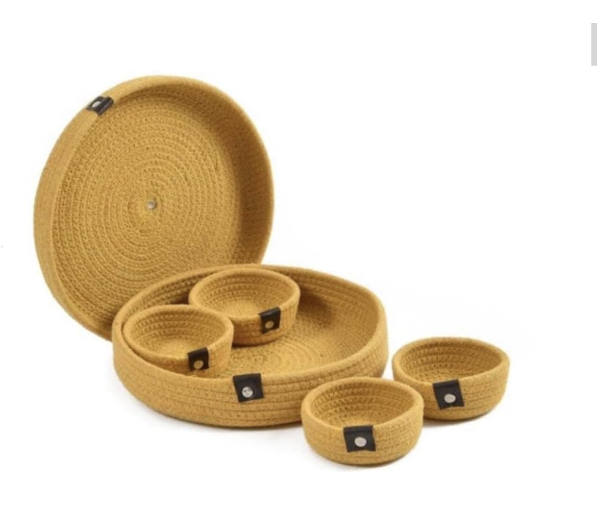 Most Viral Natural Cotton Rope Dryfruit Storage Tray with 4 Bowls Set (Yellow Shade)