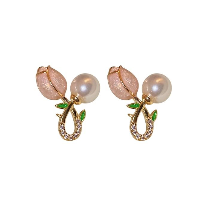 Pink Tulip Pearl Earrings for Women