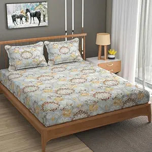 Beautiful Yellow Floral Elastic Fitted Double bed  Bedsheet with 2 Pillow Covers