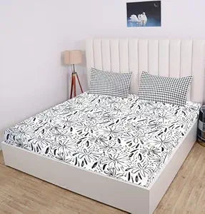 White Black Pattern Elastic Fitted Bedsheet King Size with 2 Pillow Covers