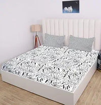 Thumbnail for White Black Pattern Elastic Fitted Bedsheet King Size with 2 Pillow Covers