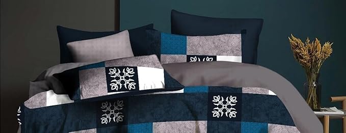 Grey & Blue Floral Double Bed BedSheet with 2 Pillow Covers