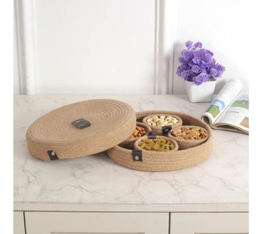 Most Viral Natural Cotton Rope Dryfruit Storage Tray with 4 Bowls Set (Brown Shade)