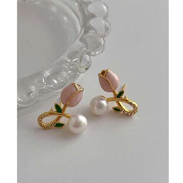 Pink Tulip Pearl Earrings for Women