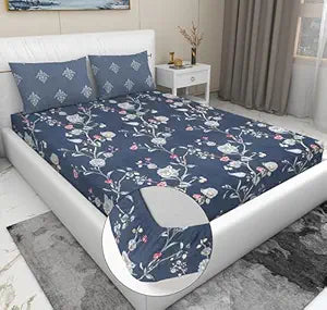 Tealish Blue Floral Print King Size Bed Sheet with 2 Pillow Covers