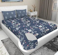 Thumbnail for Tealish Blue Floral Print King Size Bed Sheet with 2 Pillow Covers