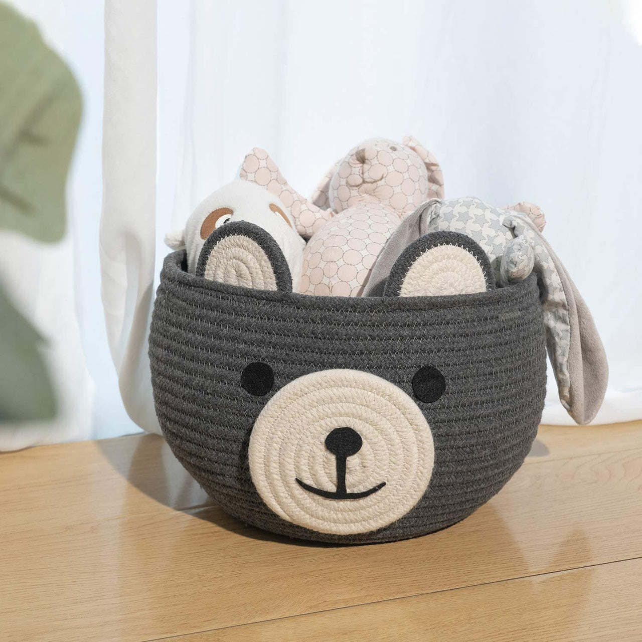 Cute Bear Round Basket, Cotton Rope Baskets in Living Room, Gray